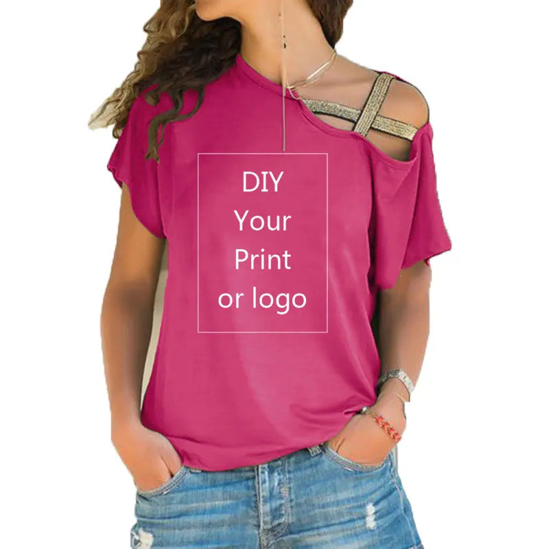 Customized Print T Shirt for Women DIY Your like Photo or Logo Top T-Shirt Femme Irregular Skew Cross Bandage Size S-5XL Tees
