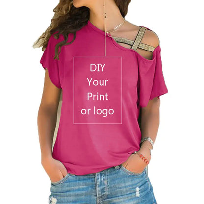 Customized Print T Shirt for Women DIY Your like Photo or Logo Top T-Shirt Femme Irregular Skew Cross Bandage Size S-5XL Tees