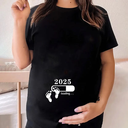 2025 Loading Print Womens Pregnant T-Shirt Short Sleeve Funny T-Shirt Summer Maternity Tops Pregnancy Announcement New Baby Tee