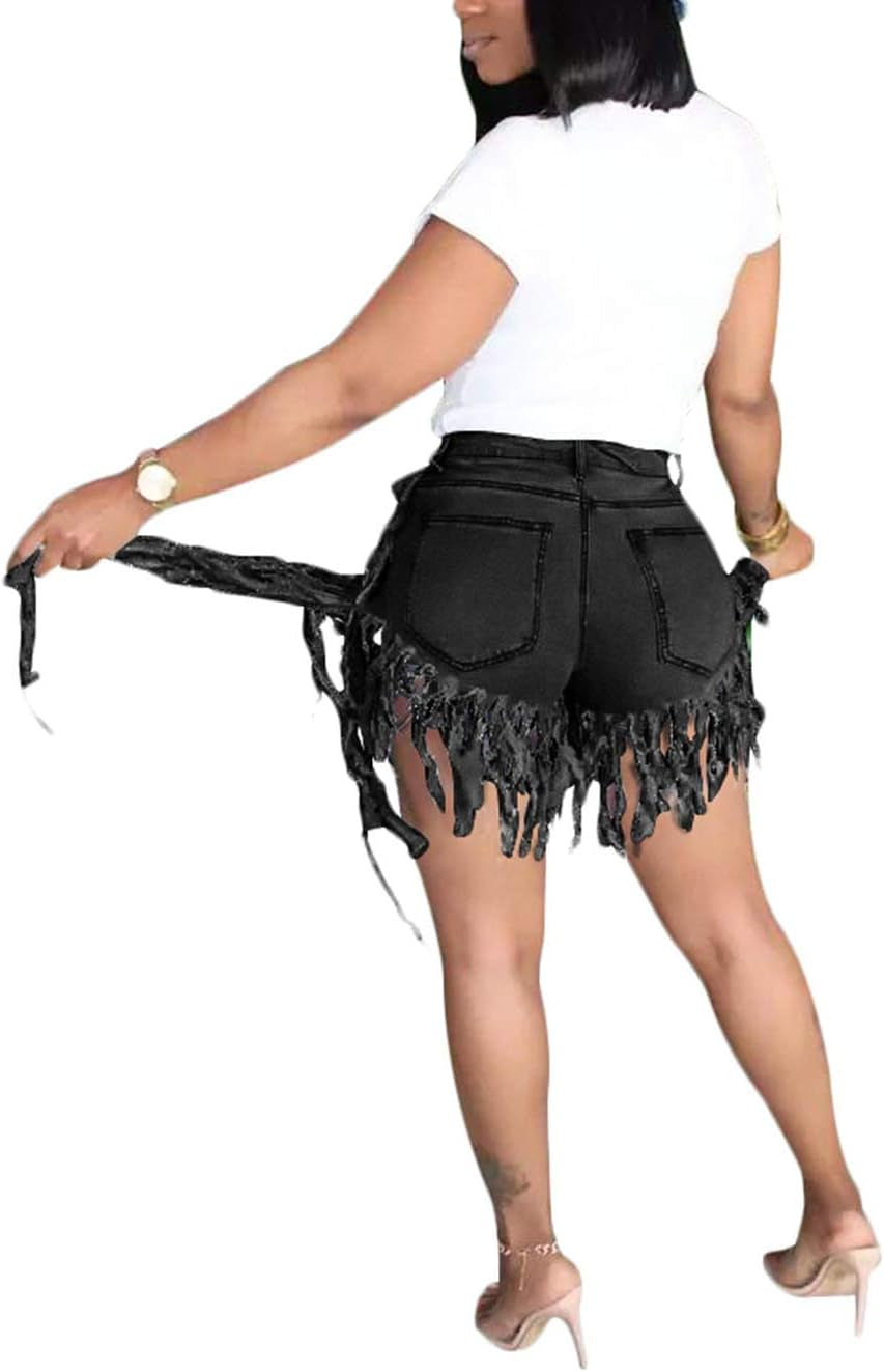 Jean Shorts for Women Juniors, Summer High Waisted Stretchy Frayed Raw Hem Tassels Denim Shorts