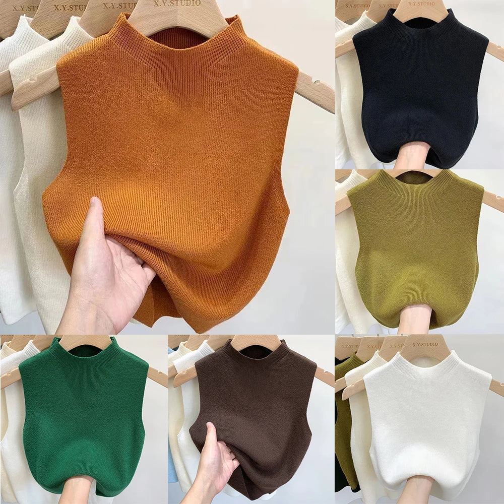 Women'S Vest Tank Top Solid Color Knitted Tees T-Shirt Top Cropped Top Camisole Sweater Half-Turtleneck Spring Autumn Sleeveless