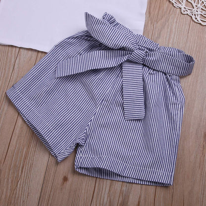 Toddler Baby Girl Sleeveless White Tank Top Shirts+ Gray Stripe Shorts Pant with Bow Belt Summer Clothes Set
