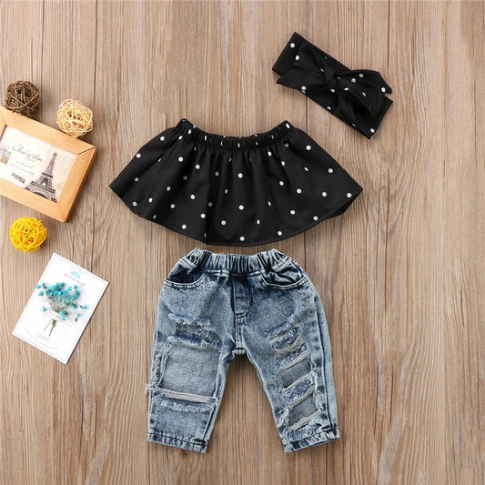 0-3Y Toddler Baby Kid Girl Clothes Set off Shoulder Tank Top Denim Jeans Pants Outfits Children Girls Costumes Summer