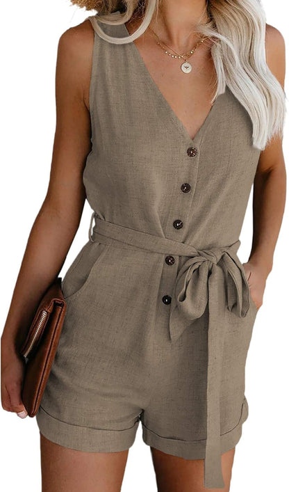 Womens Casual Summer Crewneck Ruffle Sleeveless Rompers, XS-XXL