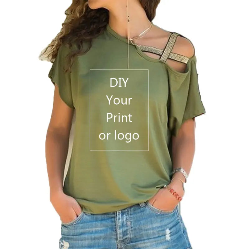Customized Print T Shirt for Women DIY Your like Photo or Logo Top T-Shirt Femme Irregular Skew Cross Bandage Size S-5XL Tees