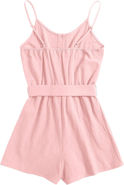 Girls Romper Strappy Sleeveless Button Tie Front Jumpsuit with Pockets