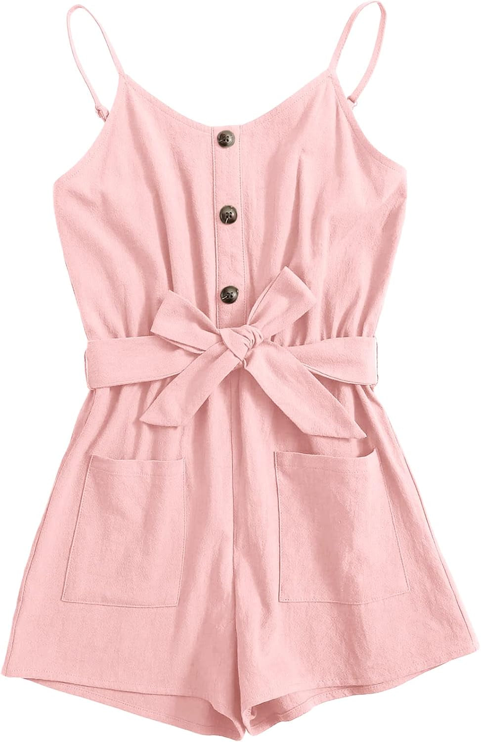 Girls Romper Strappy Sleeveless Button Tie Front Jumpsuit with Pockets
