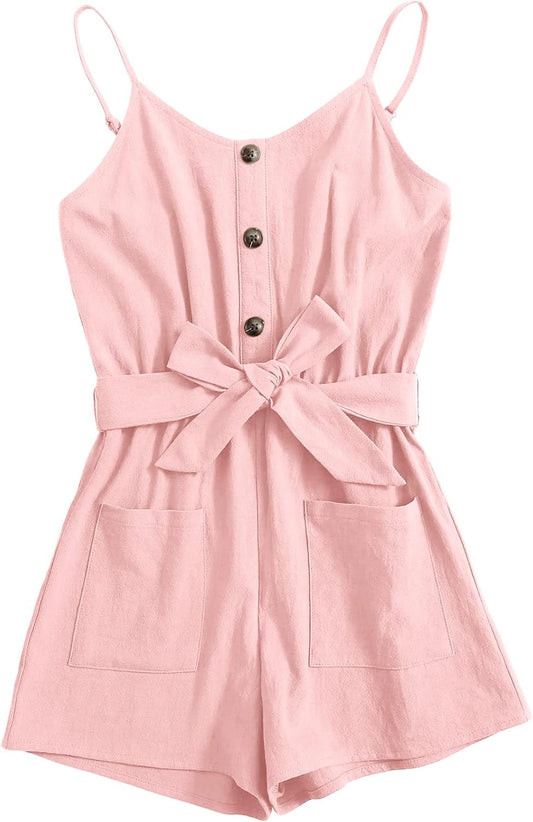 Girls Romper Strappy Sleeveless Button Tie Front Jumpsuit with Pockets