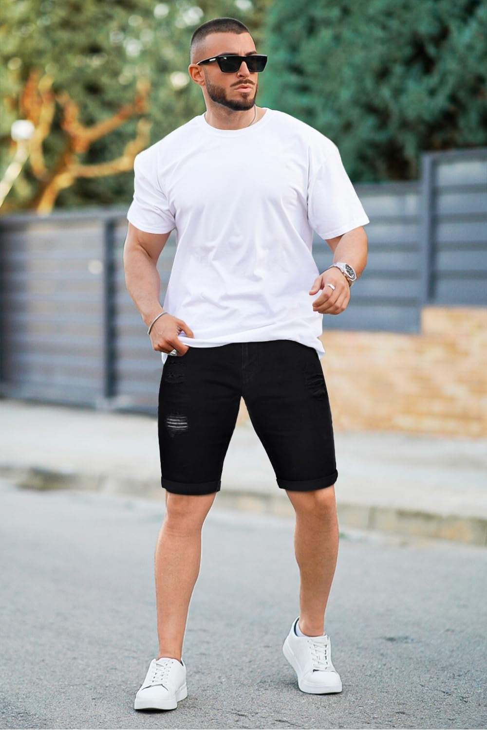 Mens Denim Shorts Ripped Skinny Stretch Jean Shorts Men