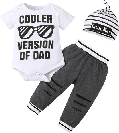 Baby Boy Clothes Newborn Boy Outfits, Infant Short Sleeve Letter Print Romper+Long Pants+Hat 3PC Clothing Set(6M,White)
