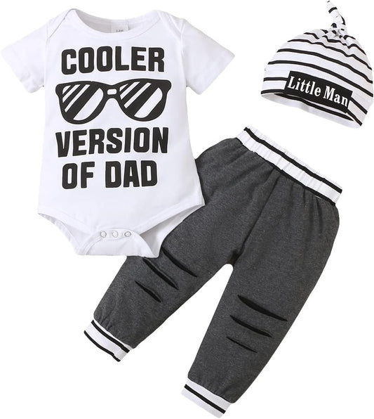 Baby Boy Clothes Newborn Boy Outfits, Infant Short Sleeve Letter Print Romper+Long Pants+Hat 3PC Clothing Set(6M,White)