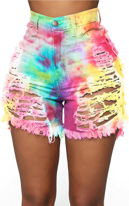 Women'S Sexy Denim Ripped Shorts Summer Cutoff Curvy Tie Dye Jeans