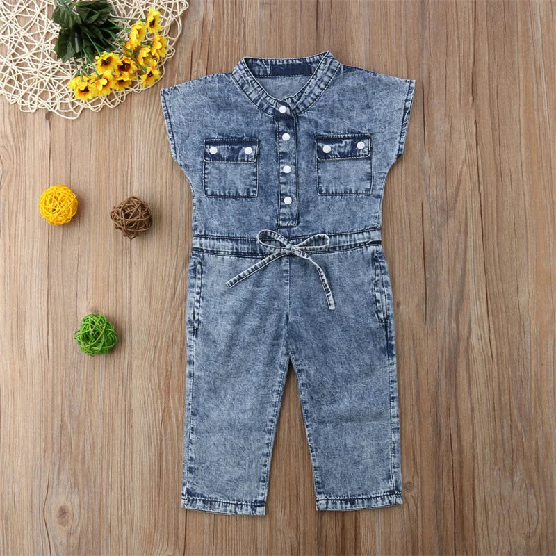 1-6Years Kids Denim Suspender Pants Overalls Baby Girls Clothes 2024 Summer Sleeveless Pockets Jumpsuits Children Outfits
