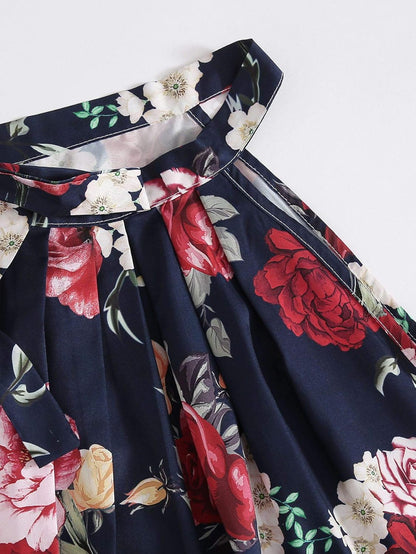 Women'S Floral Printed Summer Romper Boho Beach 2 Piece Outfits Top with Shorts Navy Red Large