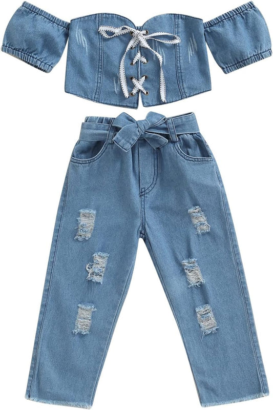 Toddler Baby Girls 2Pcs Jeans Outfits, Denim Off-Shoulder Crop Tops+High Waist Ripped Jeans with Pockets 6 Months-6Y