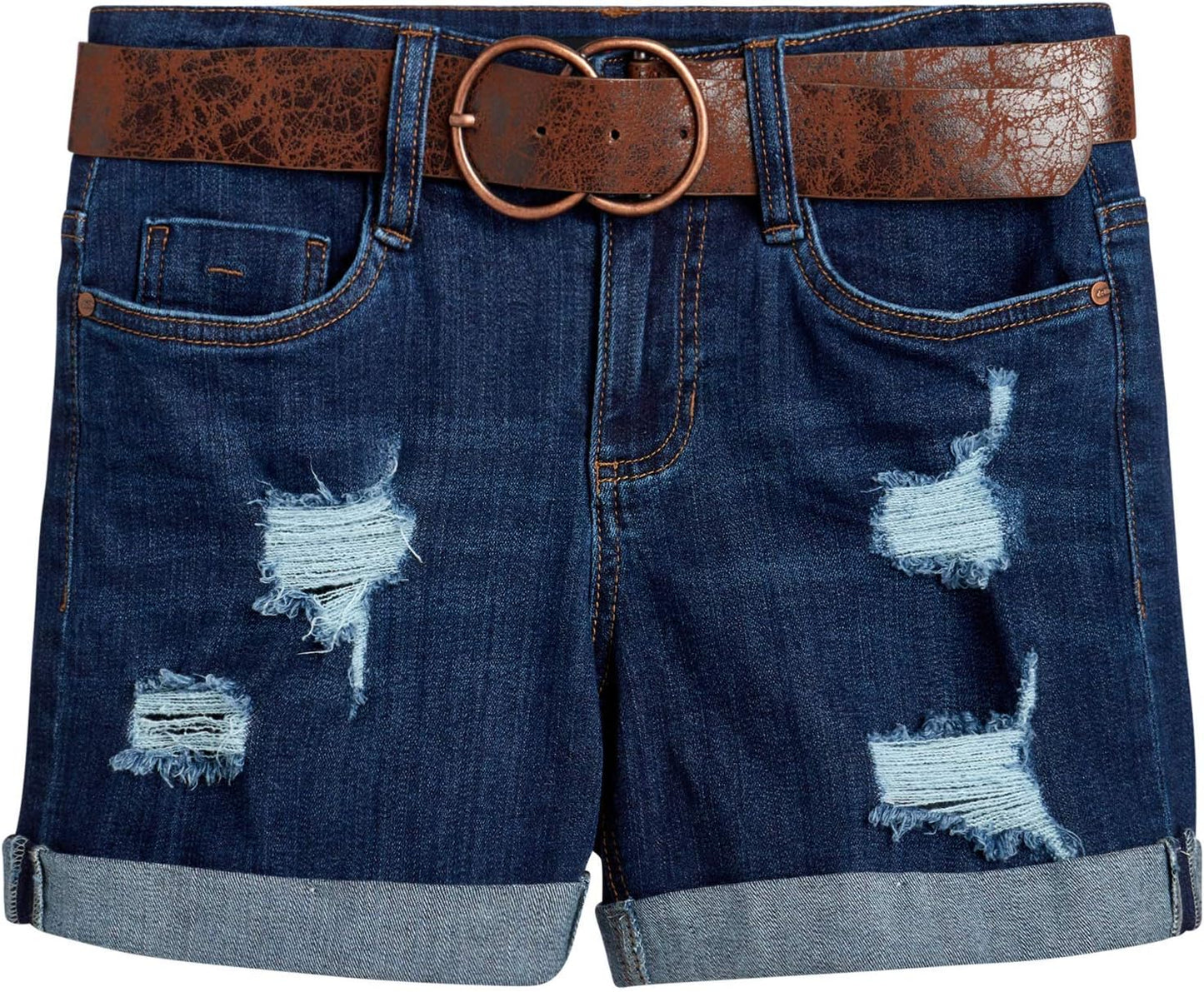 Women’S Shorts – High Waisted Stretch 5 Pocket Roll Cuff Denim Jean Shorts with Belt