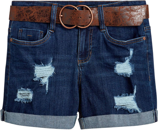 Women’S Shorts – High Waisted Stretch 5 Pocket Roll Cuff Denim Jean Shorts with Belt