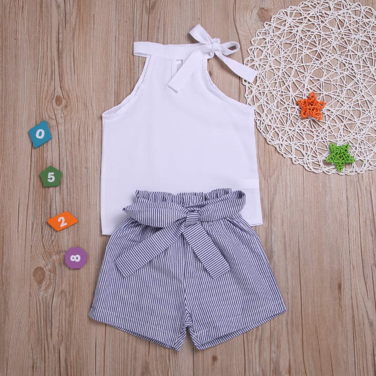 Toddler Baby Girl Sleeveless White Tank Top Shirts+ Gray Stripe Shorts Pant with Bow Belt Summer Clothes Set