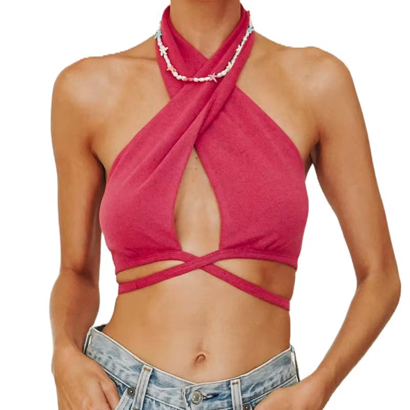 Women Y2K Corset Camisole Cropped Bustier Top Fashion Solid Vest Summer Sexy Halter Lace-Up Streetwear Slim Fit Basic Tees