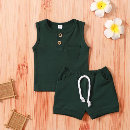 Spring Summer Infant Clothingtoddler Boys Sleeveless Solid Clothing Sets Summer Child Kids Vest (Green, 6-12 Months)