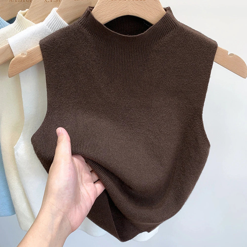 Women'S Vest Tank Top Solid Color Knitted Tees T-Shirt Top Cropped Top Camisole Sweater Half-Turtleneck Spring Autumn Sleeveless