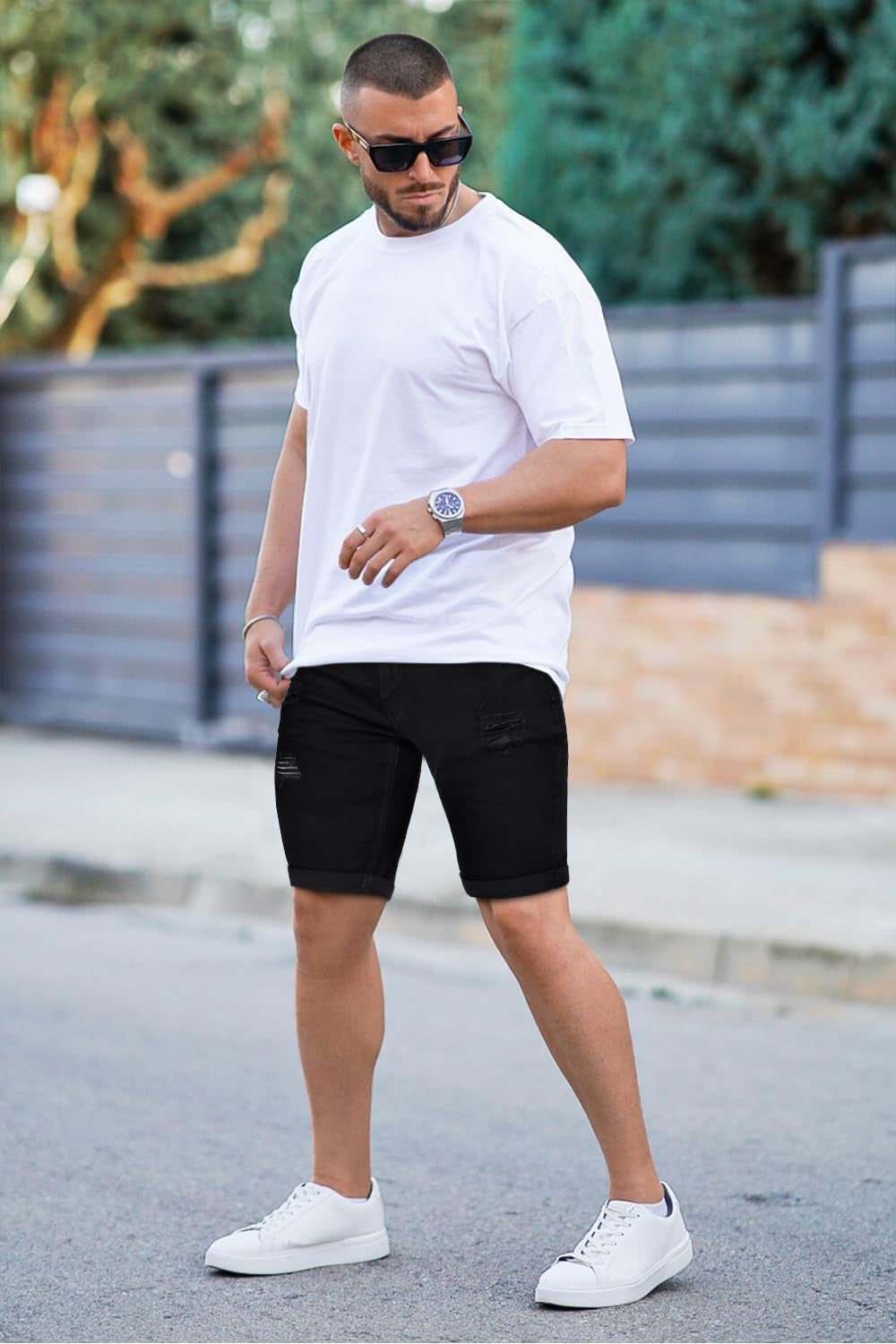 Mens Denim Shorts Ripped Skinny Stretch Jean Shorts Men
