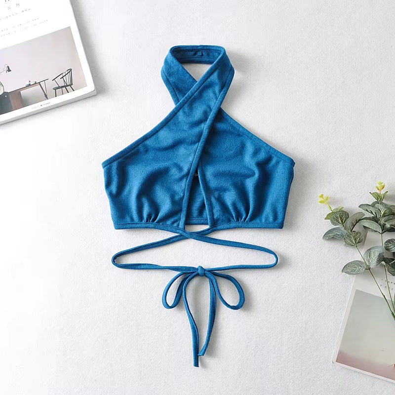 Women Y2K Corset Camisole Cropped Bustier Top Fashion Solid Vest Summer Sexy Halter Lace-Up Streetwear Slim Fit Basic Tees
