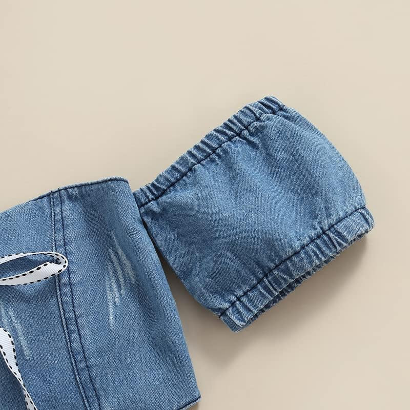 Toddler Baby Girls 2Pcs Jeans Outfits, Denim Off-Shoulder Crop Tops+High Waist Ripped Jeans with Pockets 6 Months-6Y