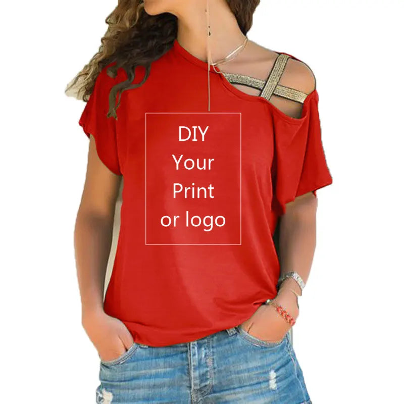 Customized Print T Shirt for Women DIY Your like Photo or Logo Top T-Shirt Femme Irregular Skew Cross Bandage Size S-5XL Tees