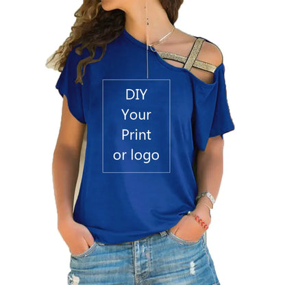Customized Print T Shirt for Women DIY Your like Photo or Logo Top T-Shirt Femme Irregular Skew Cross Bandage Size S-5XL Tees