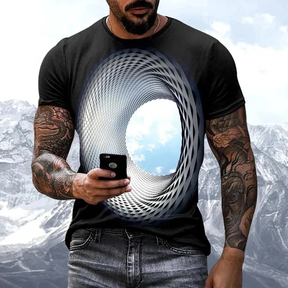 Fashion Hot Sales Personality Fun Sky Graphic T Shirts for Men New Casual Three-Dimensional Vortex Printed Oversized O-Neck Tees