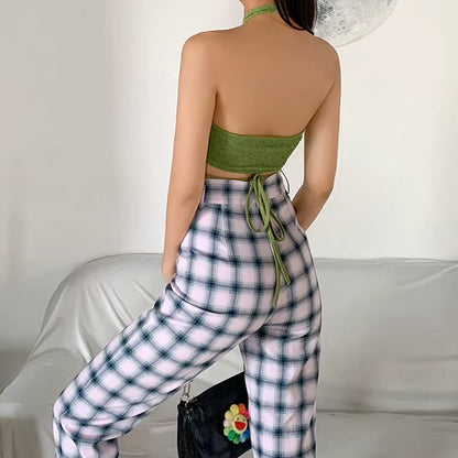 Women Y2K Corset Camisole Cropped Bustier Top Fashion Solid Vest Summer Sexy Halter Lace-Up Streetwear Slim Fit Basic Tees