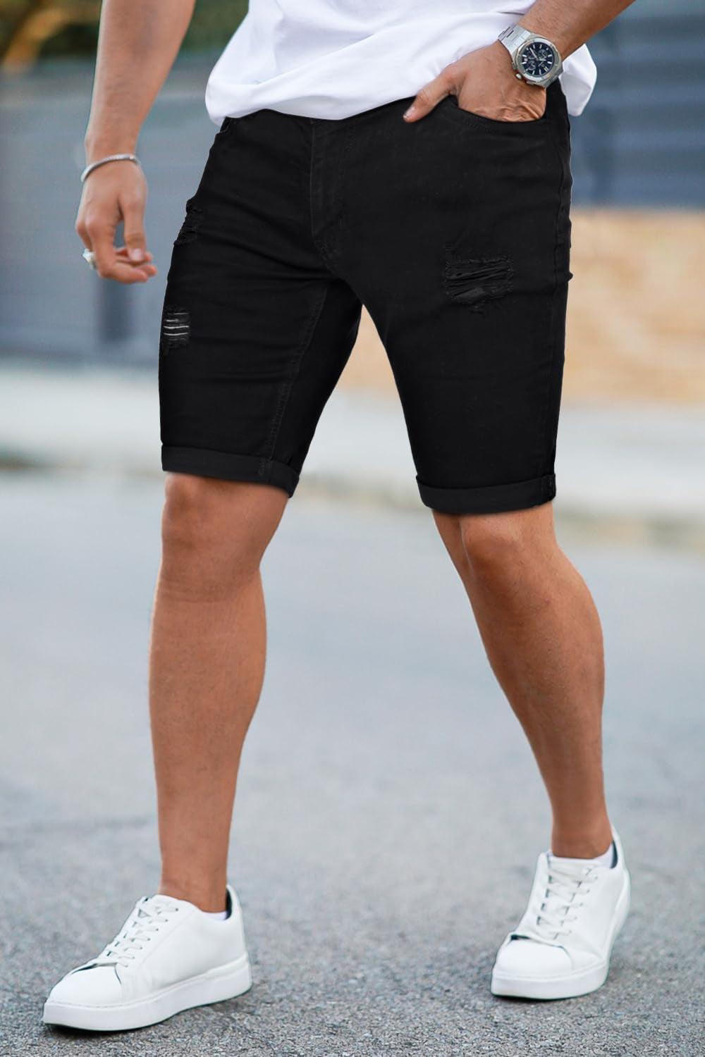 Mens Denim Shorts Ripped Skinny Stretch Jean Shorts Men