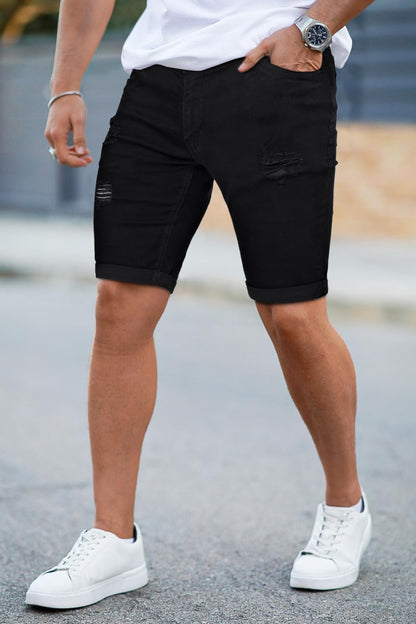 Mens Denim Shorts Ripped Skinny Stretch Jean Shorts Men