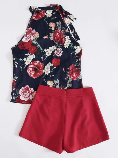 Women'S Floral Printed Summer Romper Boho Beach 2 Piece Outfits Top with Shorts Navy Red Large