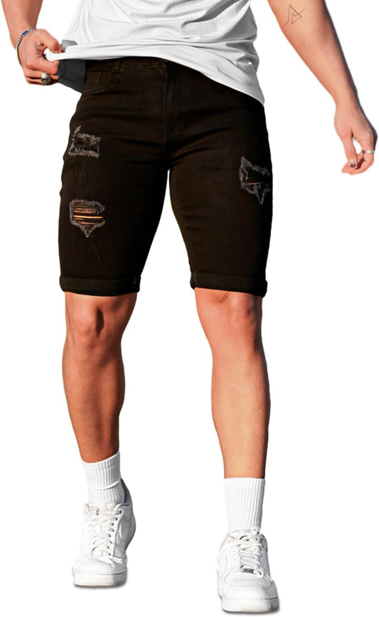 Mens Denim Shorts Ripped Skinny Stretch Jean Shorts Men