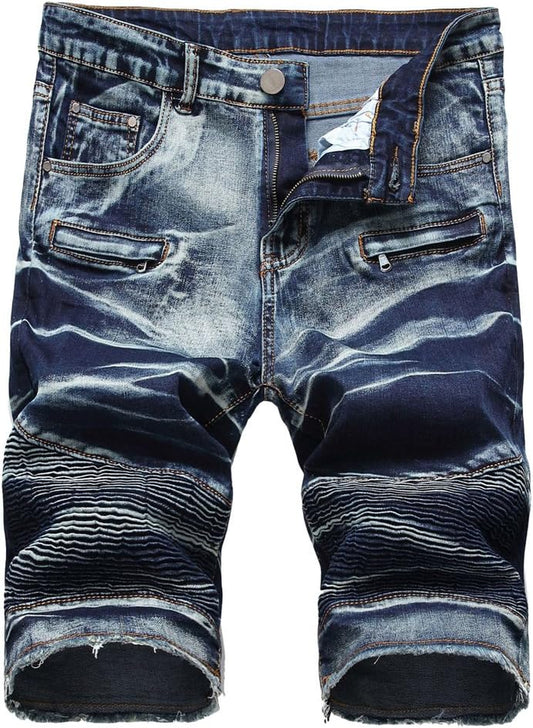 Men'S Casual Denim Shorts Classic Fit Ripped Jeans Biker Shorts