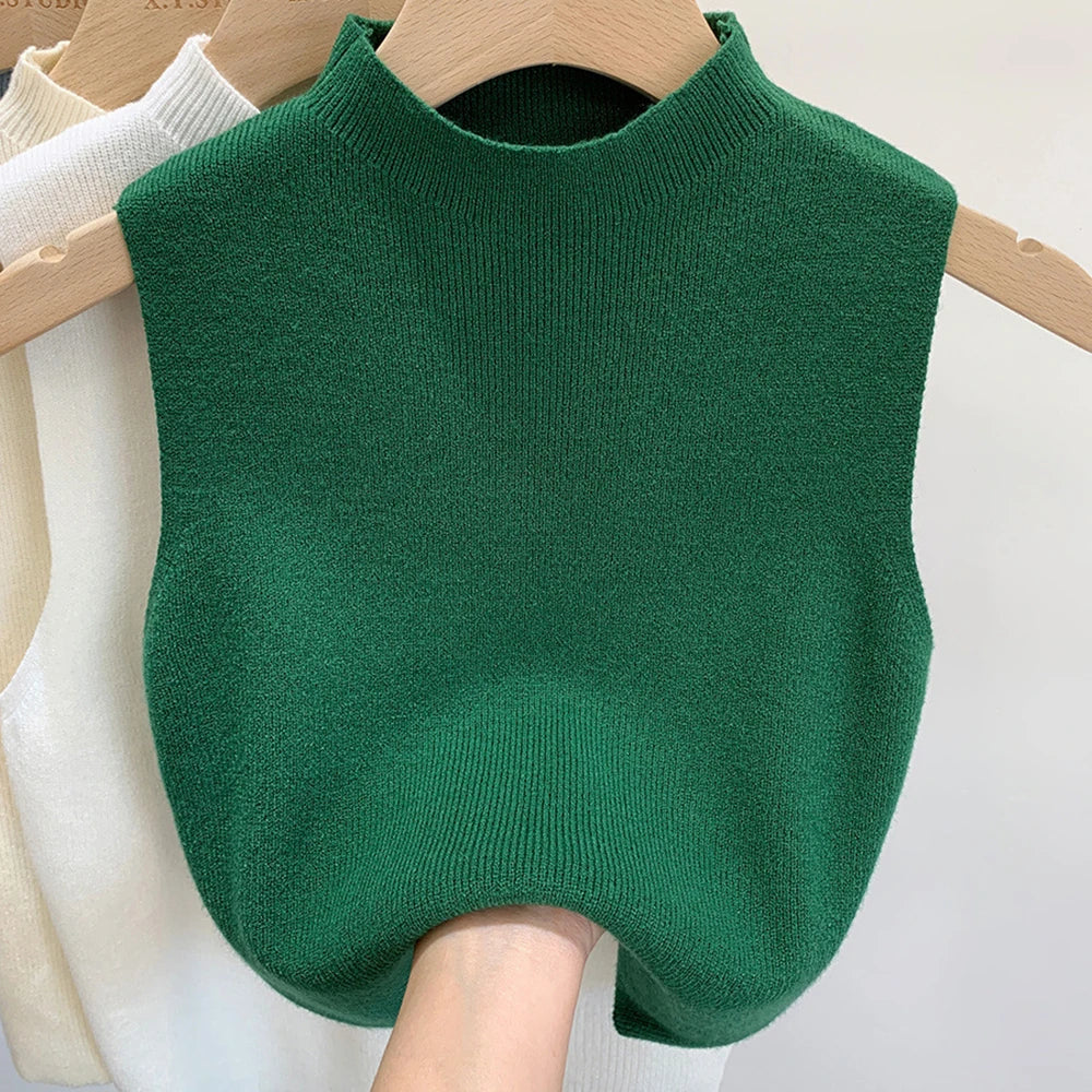 Women'S Vest Tank Top Solid Color Knitted Tees T-Shirt Top Cropped Top Camisole Sweater Half-Turtleneck Spring Autumn Sleeveless
