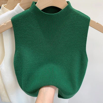 Women'S Vest Tank Top Solid Color Knitted Tees T-Shirt Top Cropped Top Camisole Sweater Half-Turtleneck Spring Autumn Sleeveless