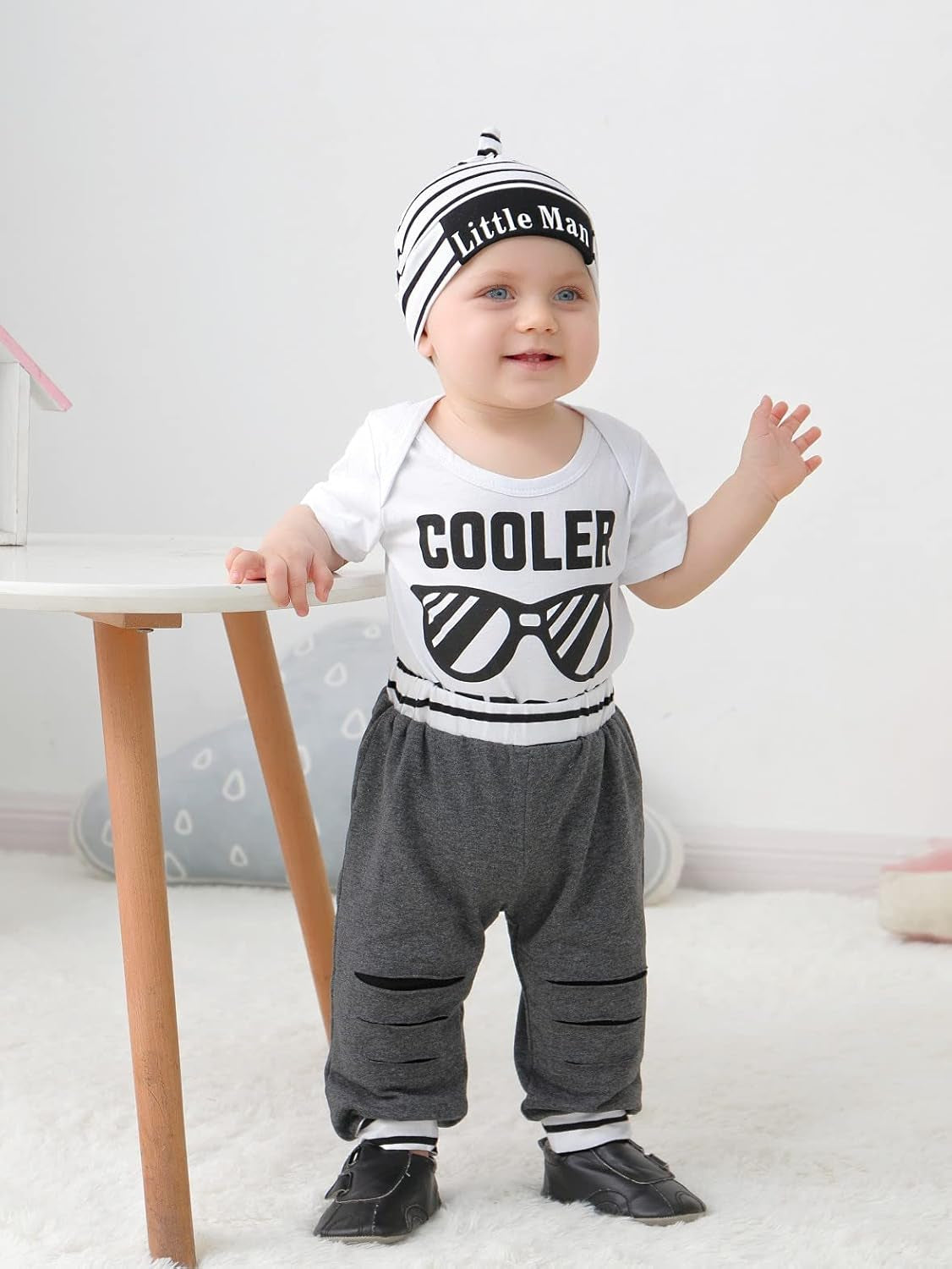 Baby Boy Clothes Newborn Boy Outfits, Infant Short Sleeve Letter Print Romper+Long Pants+Hat 3PC Clothing Set(6M,White)