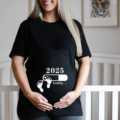 2025 Loading Print Womens Pregnant T-Shirt Short Sleeve Funny T-Shirt Summer Maternity Tops Pregnancy Announcement New Baby Tee