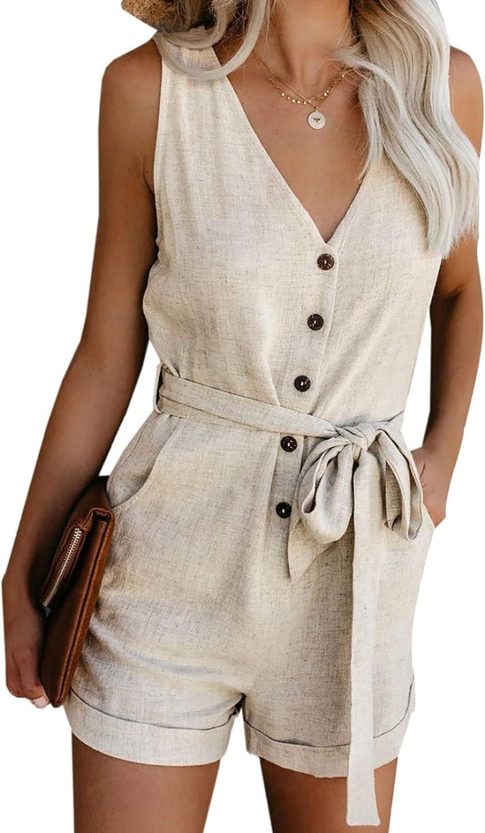 Womens Casual Summer Crewneck Ruffle Sleeveless Rompers, XS-XXL