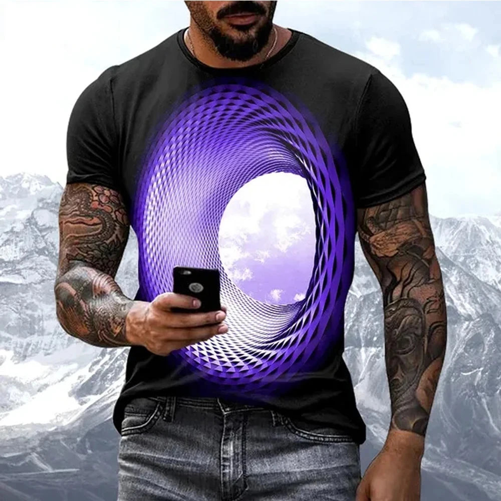 Fashion Hot Sales Personality Fun Sky Graphic T Shirts for Men New Casual Three-Dimensional Vortex Printed Oversized O-Neck Tees
