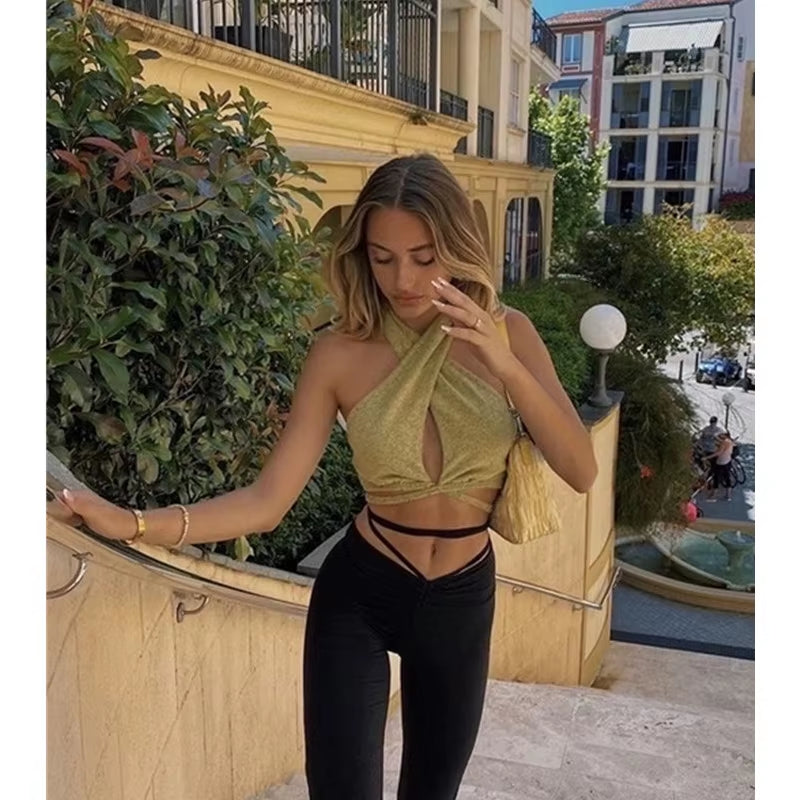 Women Y2K Corset Camisole Cropped Bustier Top Fashion Solid Vest Summer Sexy Halter Lace-Up Streetwear Slim Fit Basic Tees