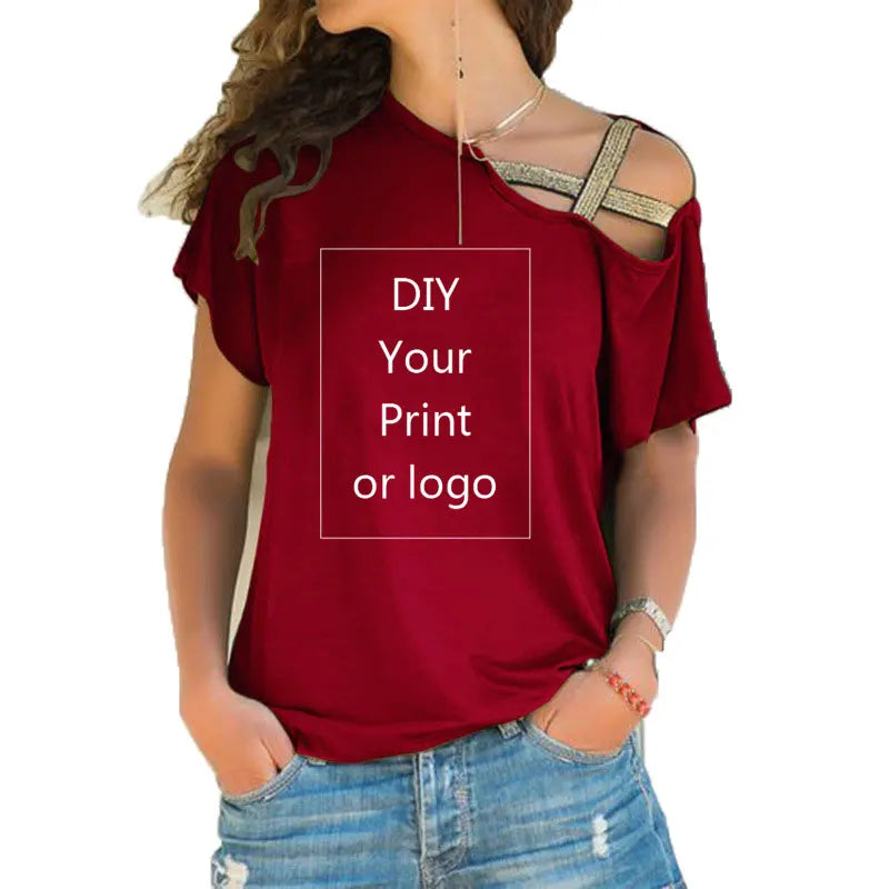 Customized Print T Shirt for Women DIY Your like Photo or Logo Top T-Shirt Femme Irregular Skew Cross Bandage Size S-5XL Tees